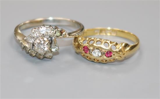 A white metal and diamond cluster ring and an early 20th century 18ct gold ring.